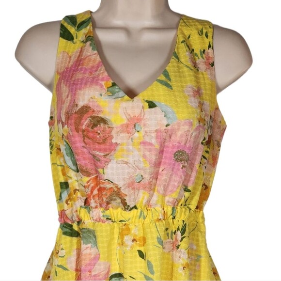Maison Tara Dress Floral Seersucker Tiered Mini Sleeveless Cut Out Pink Yellow 4 - Picture 6 of 16